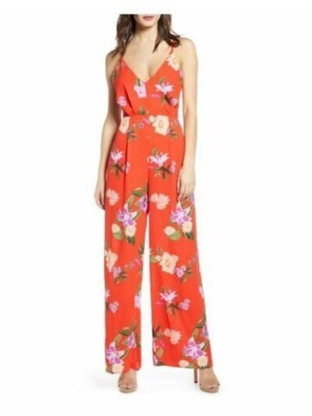 ASTR Floral Red Chiffon V-Neck Strappy Back Wide Leg Jumpsuit Size Large